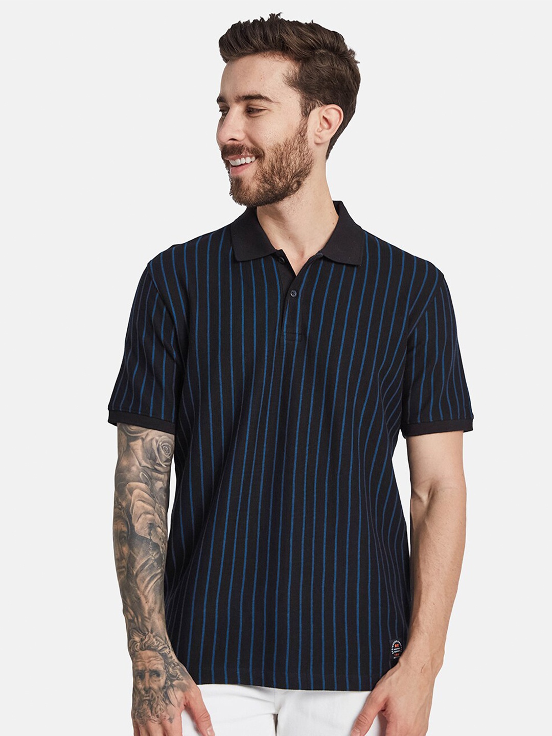 

Octave Striped Polo Collar Cotton T-shirt, Black