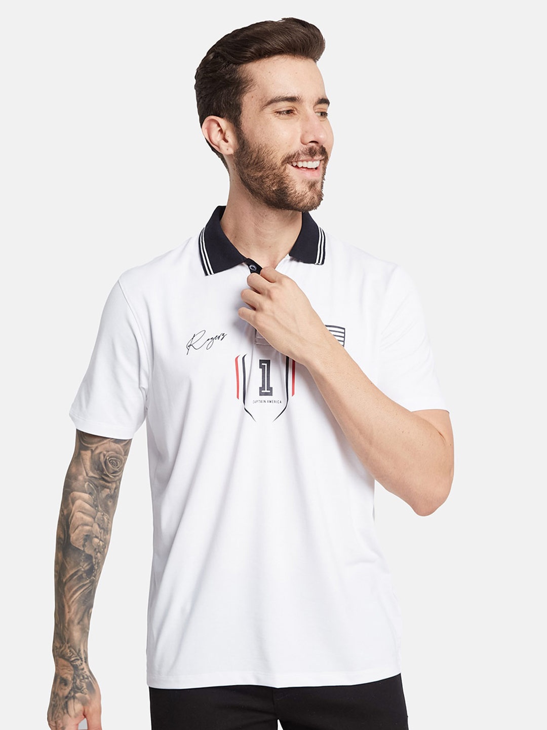 

Octave Typography Printed Polo Collar Cotton T-shirt, White