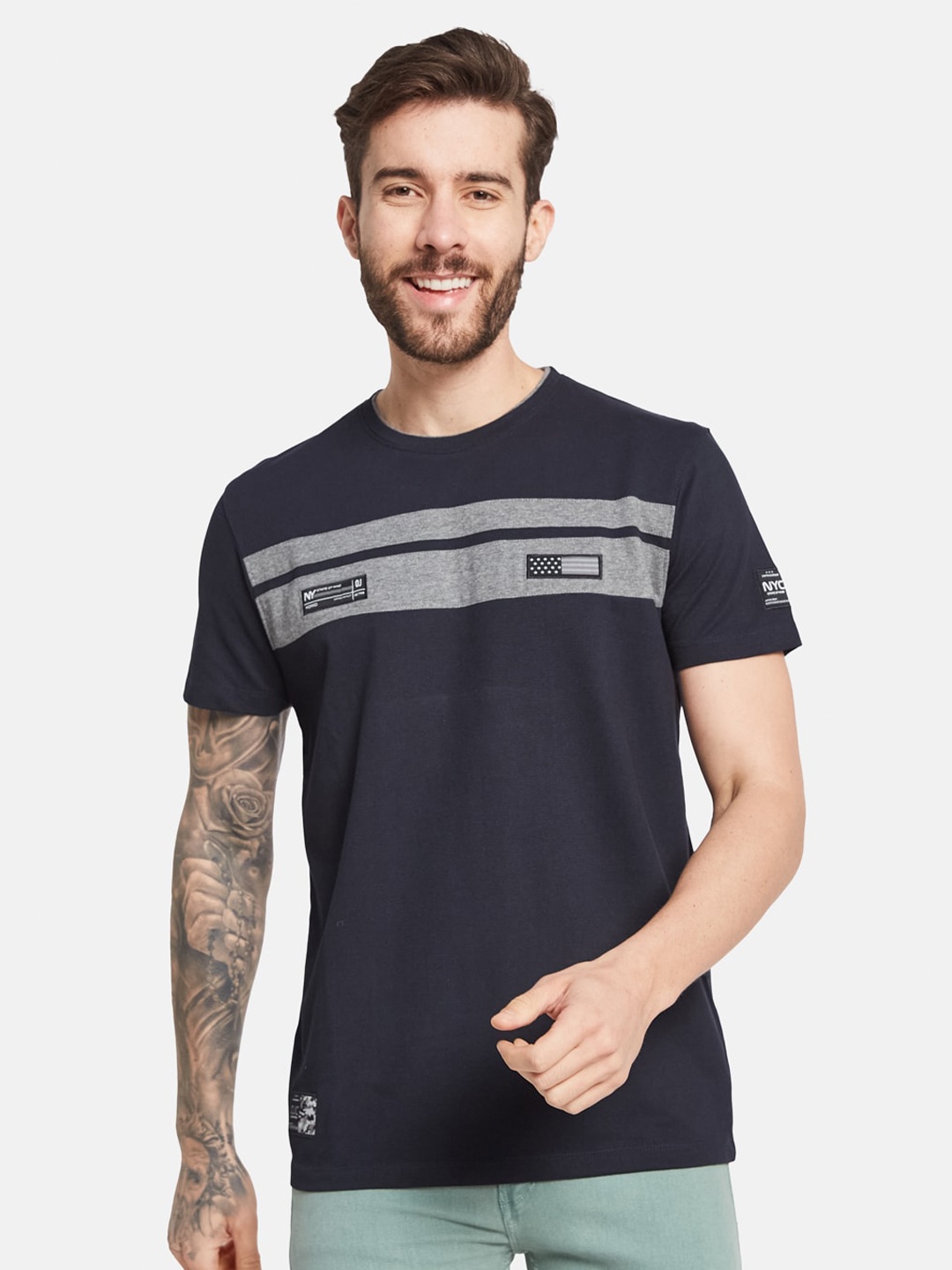 

Octave Round Neck Short Sleeves Striped Regular Fit Cotton T-shirt, Navy blue