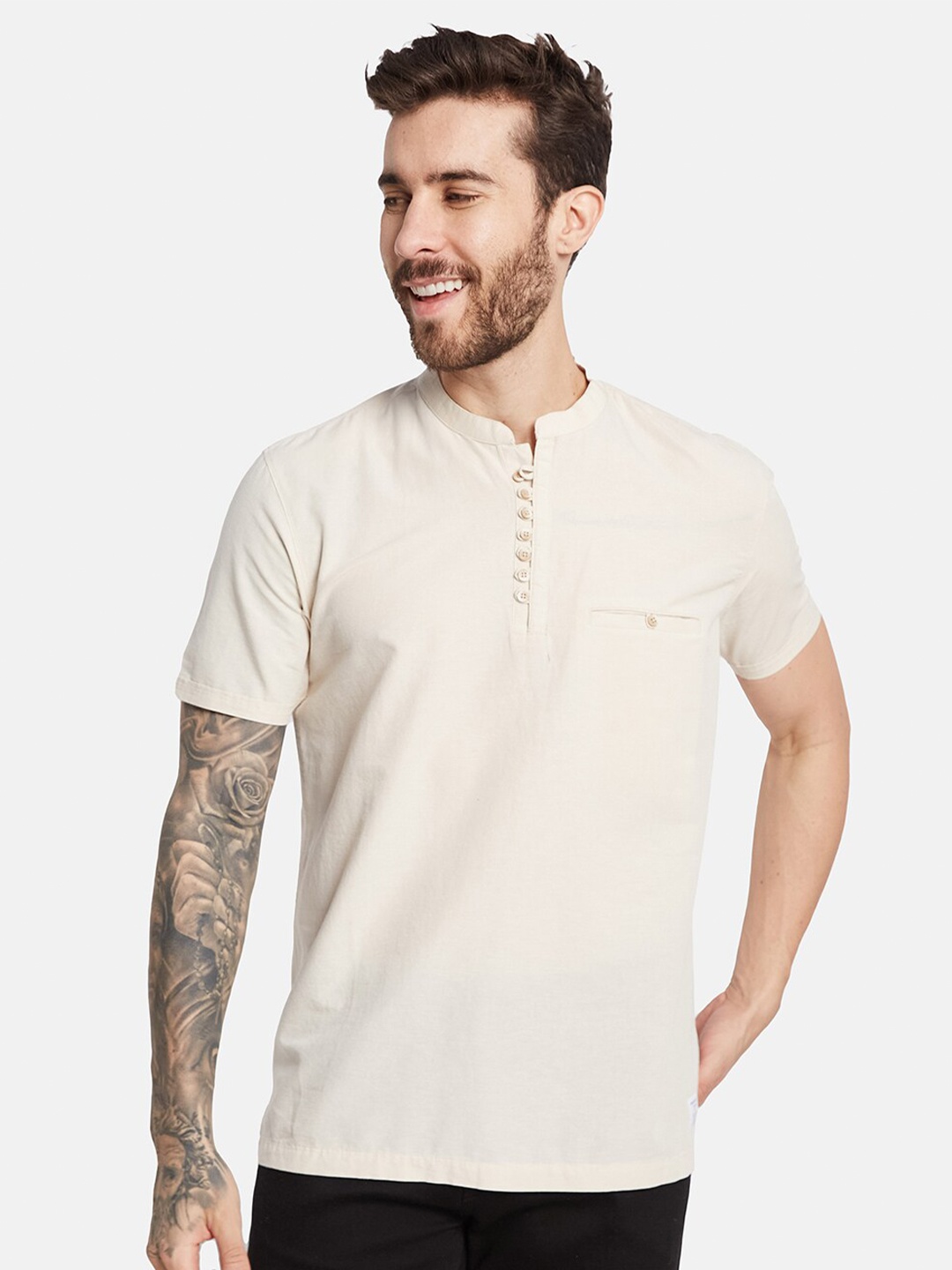 

Octave Henley Neck Cotton Pockets T-shirt, Cream