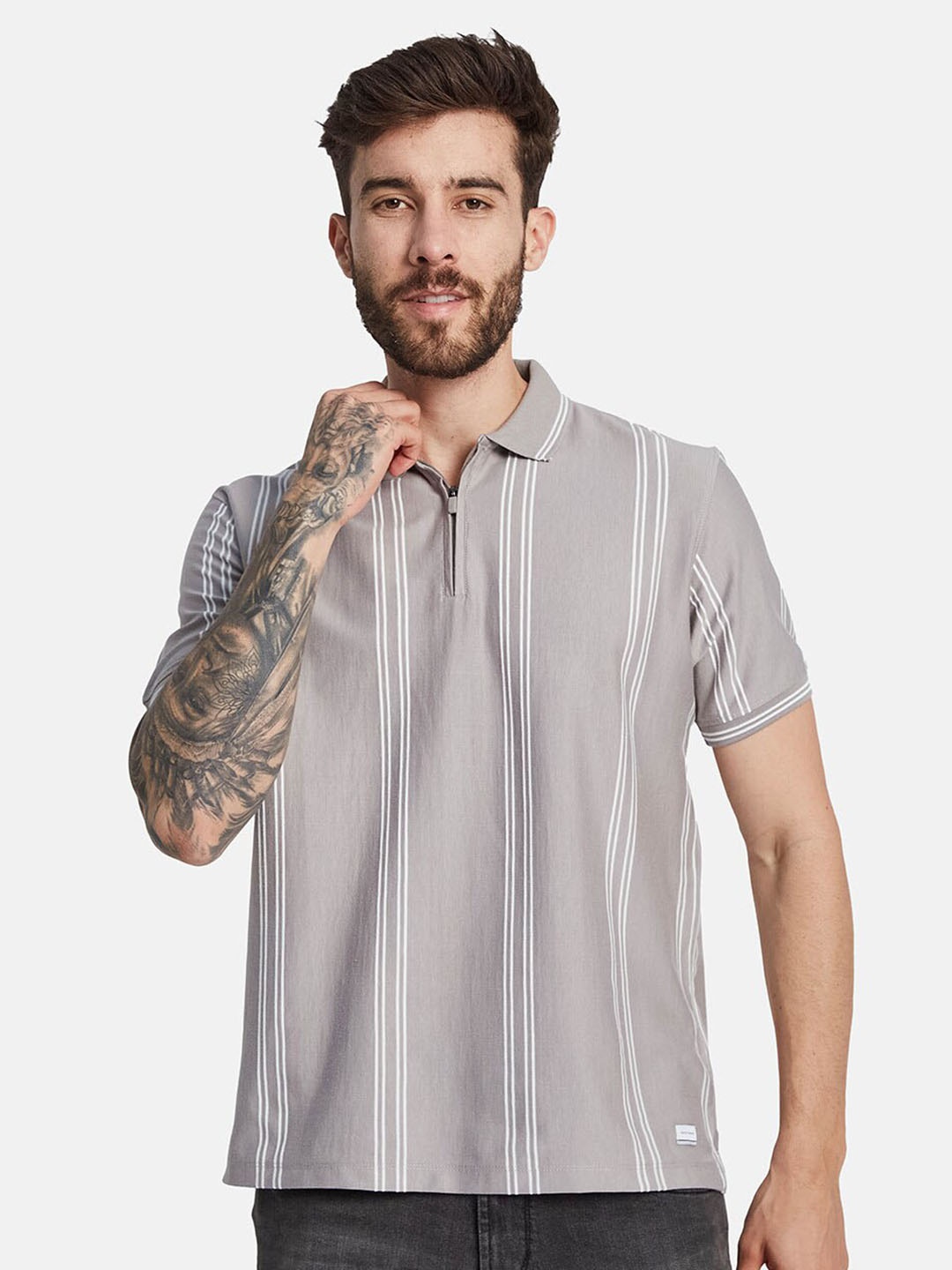 

Octave Striped Polo Collar Cotton T-shirt, Grey