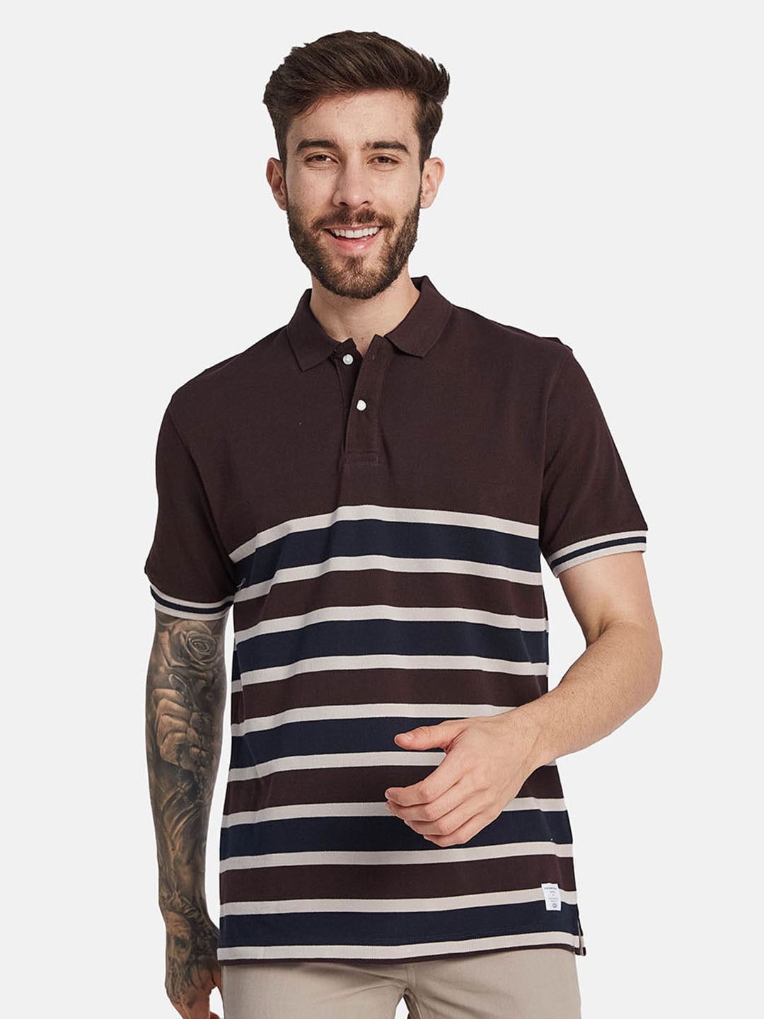 

Octave Striped Polo Collar Cotton T-shirt, Maroon