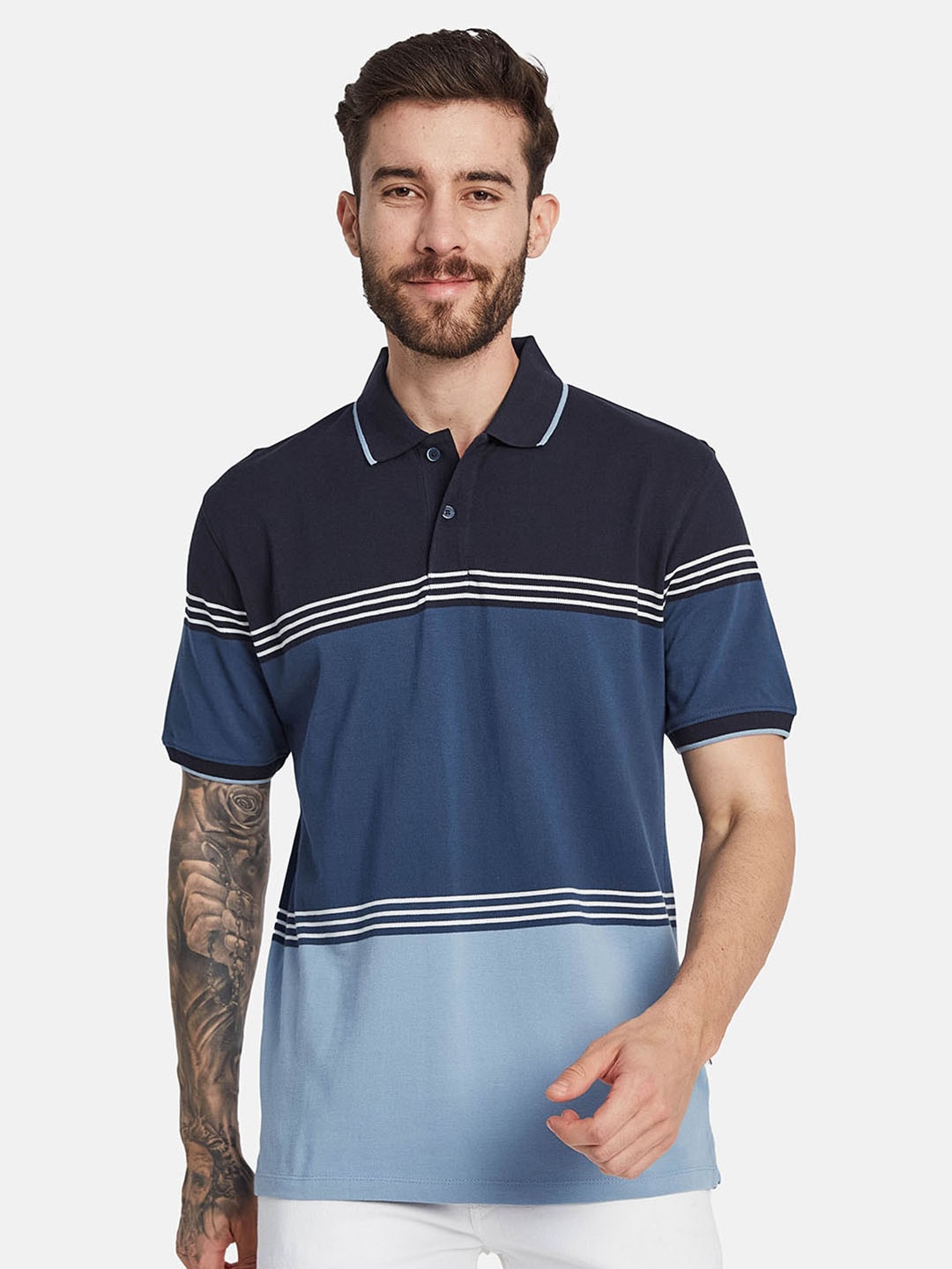 

Octave Striped Polo Collar Cotton T-shirt, Blue