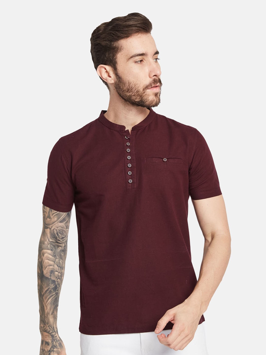 

Octave Mandarin Collar Cotton T-shirt, Maroon