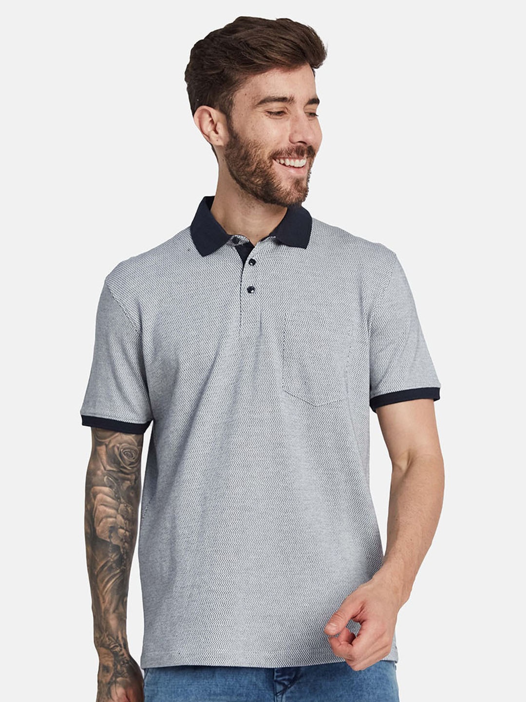 

Octave Geometric Printed Polo Collar Cotton T-shirt, Navy blue