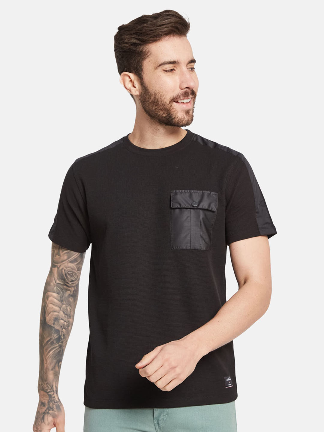 

Octave Round Neck Short Sleeves Pockets Regular Fit Cotton T-shirt, Black