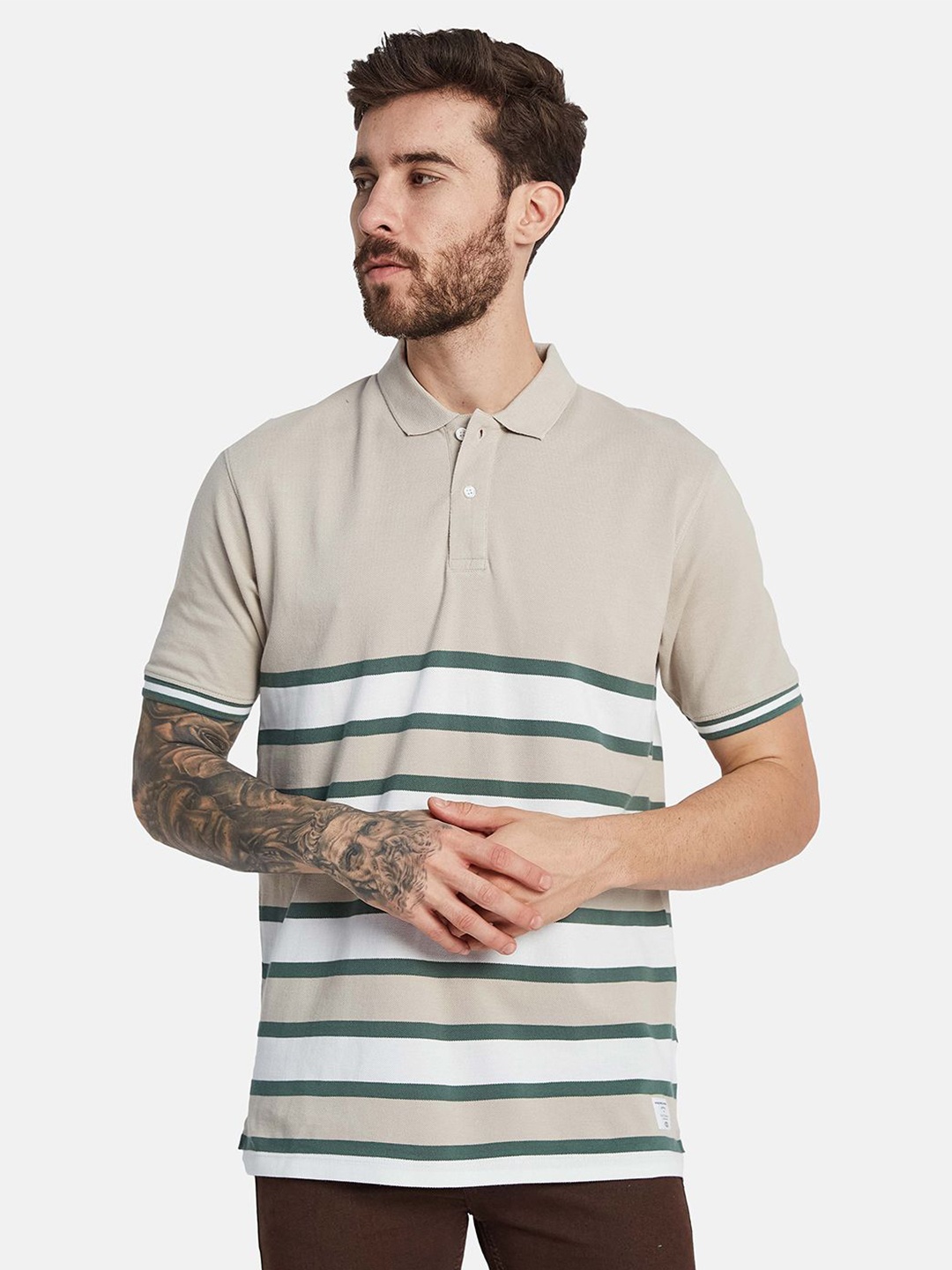 

Octave Striped Polo Collar Cotton T-shirt, Cream