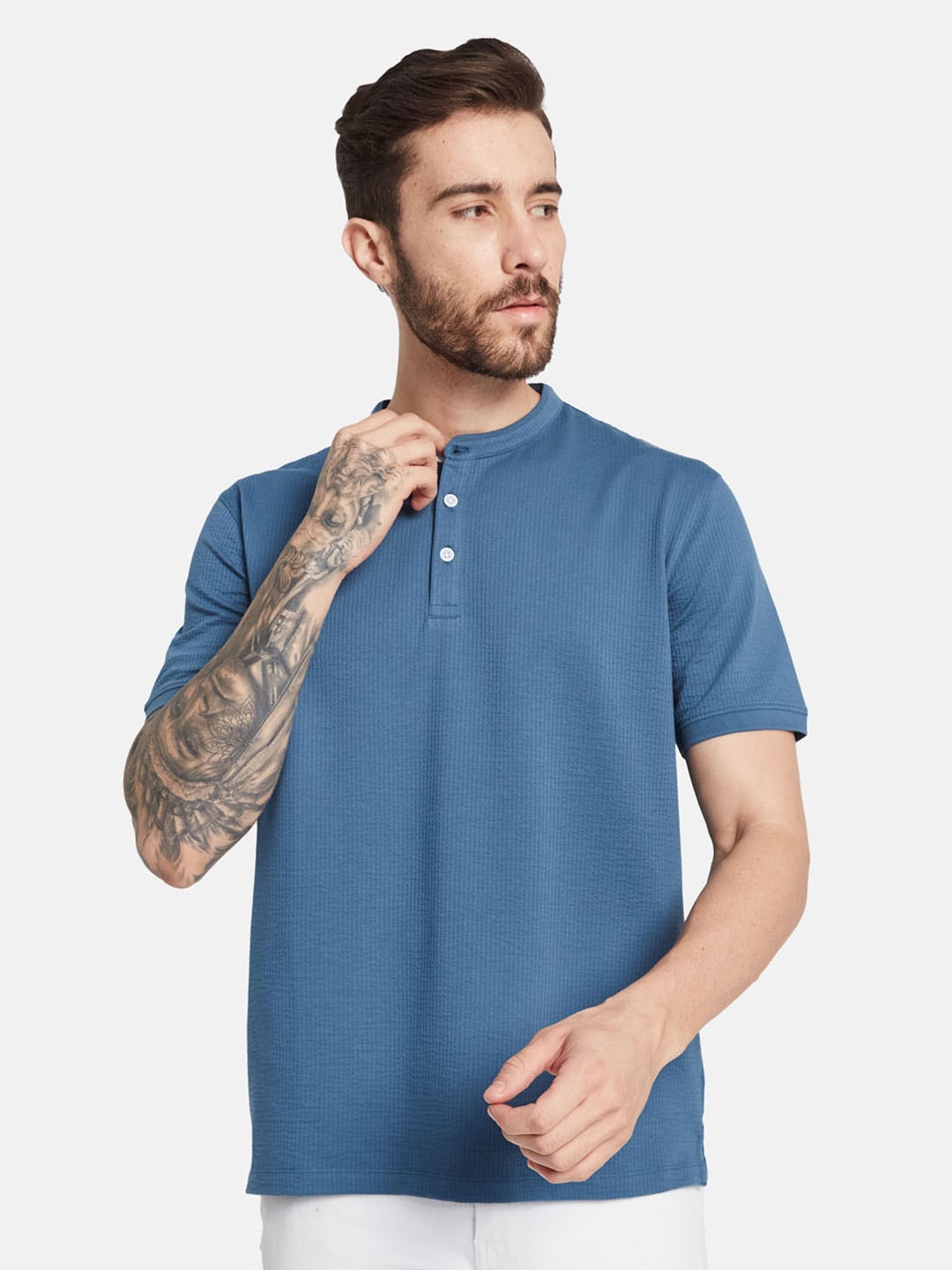 

Octave Henley Neck Cotton T-shirt, Blue