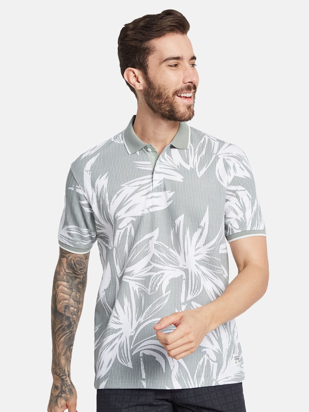 

Octave Floral Printed Polo Collar Cotton T-shirt, Grey