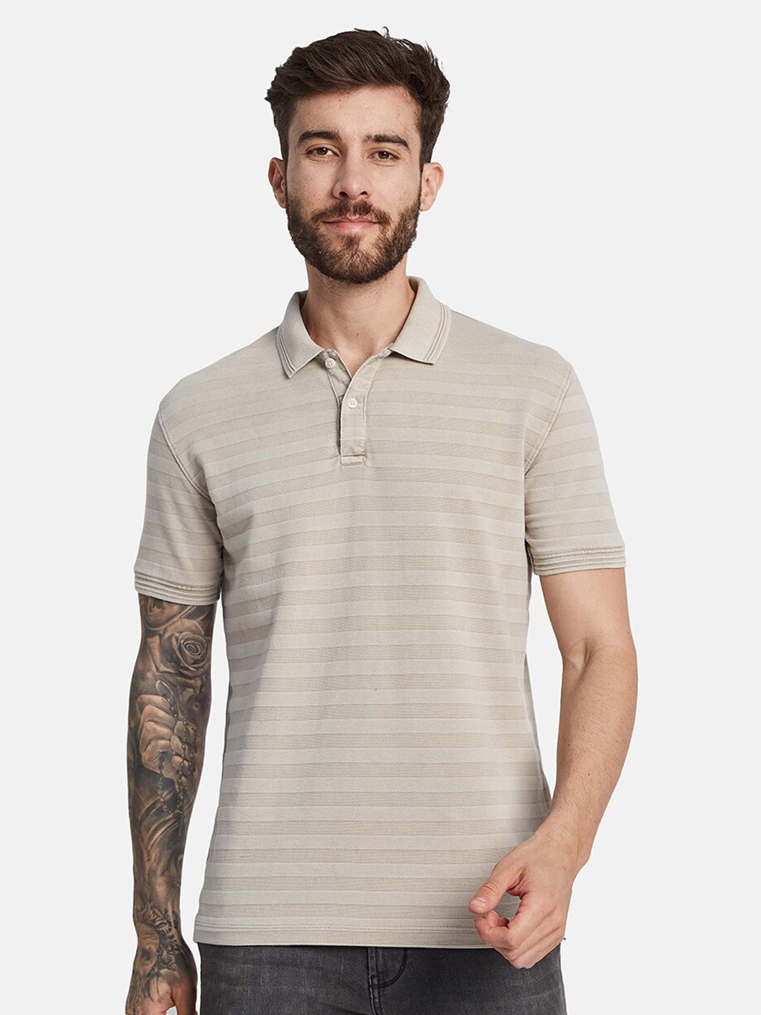 

Octave Striped Polo Collar Cotton T-shirt, Cream