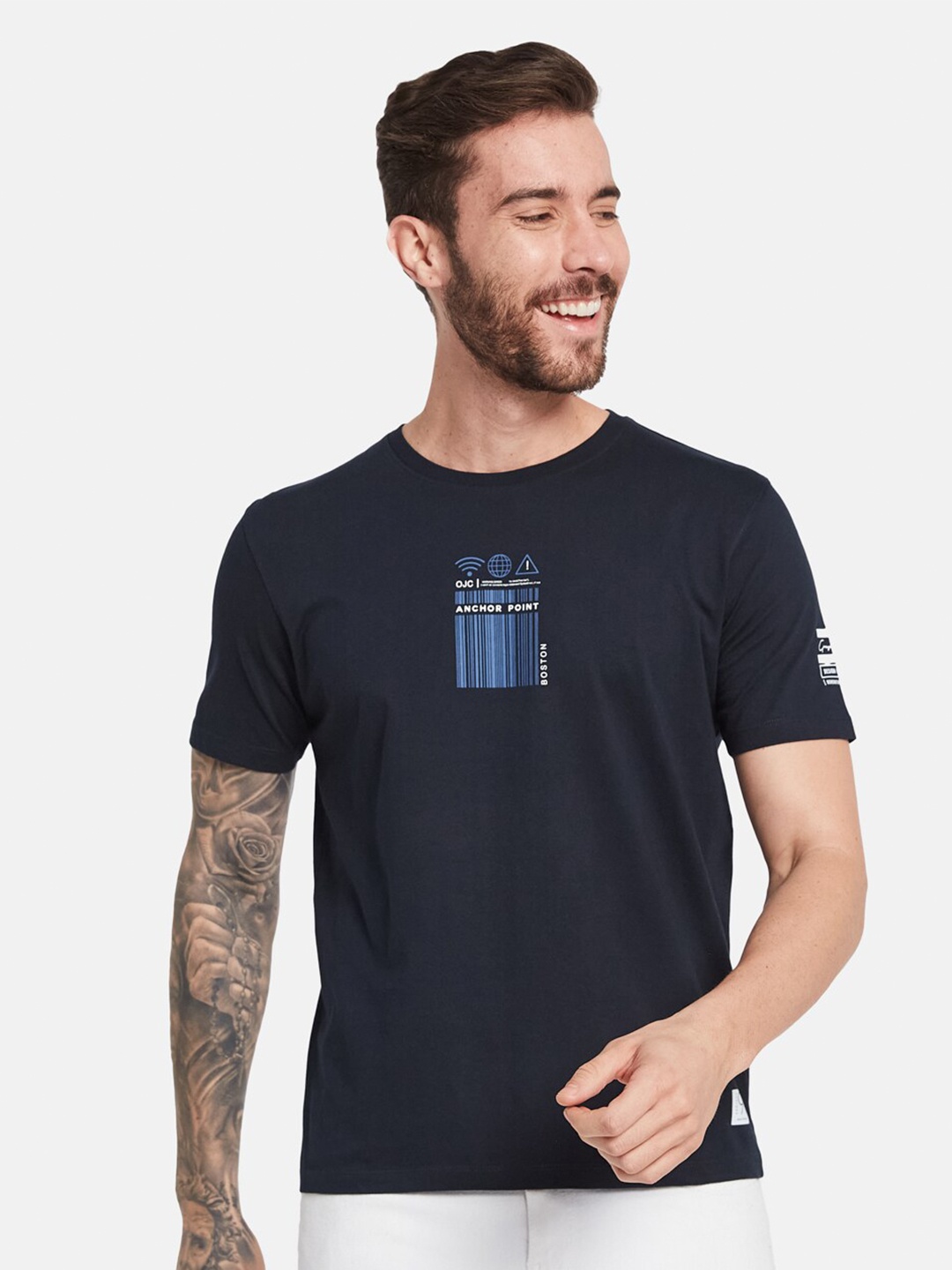 

Octave Typography Printed Round Neck Cotton T-shirt, Navy blue