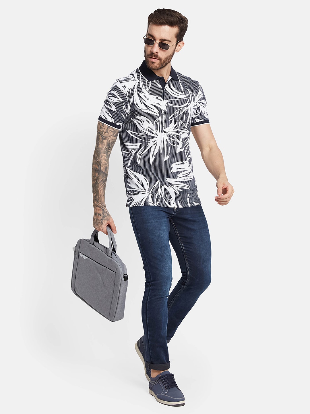 

Octave Floral Printed Polo Collar Cotton T-shirt, Navy blue