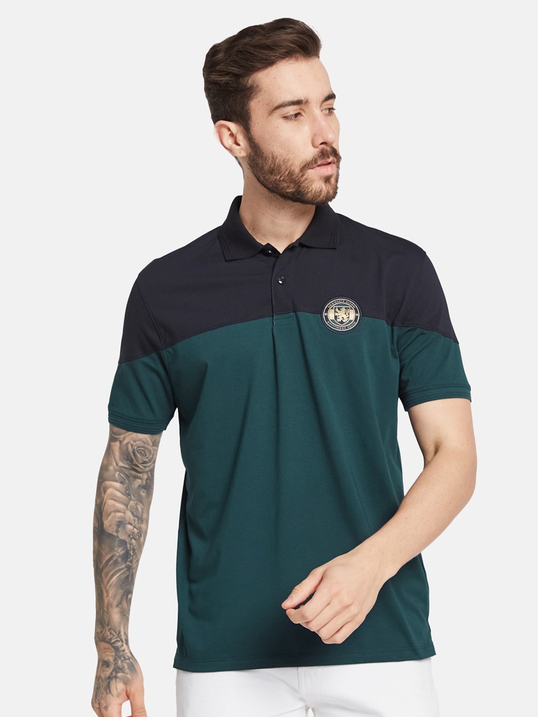

Octave Colourblocked Polo Collar Cotton T-shirt, Green