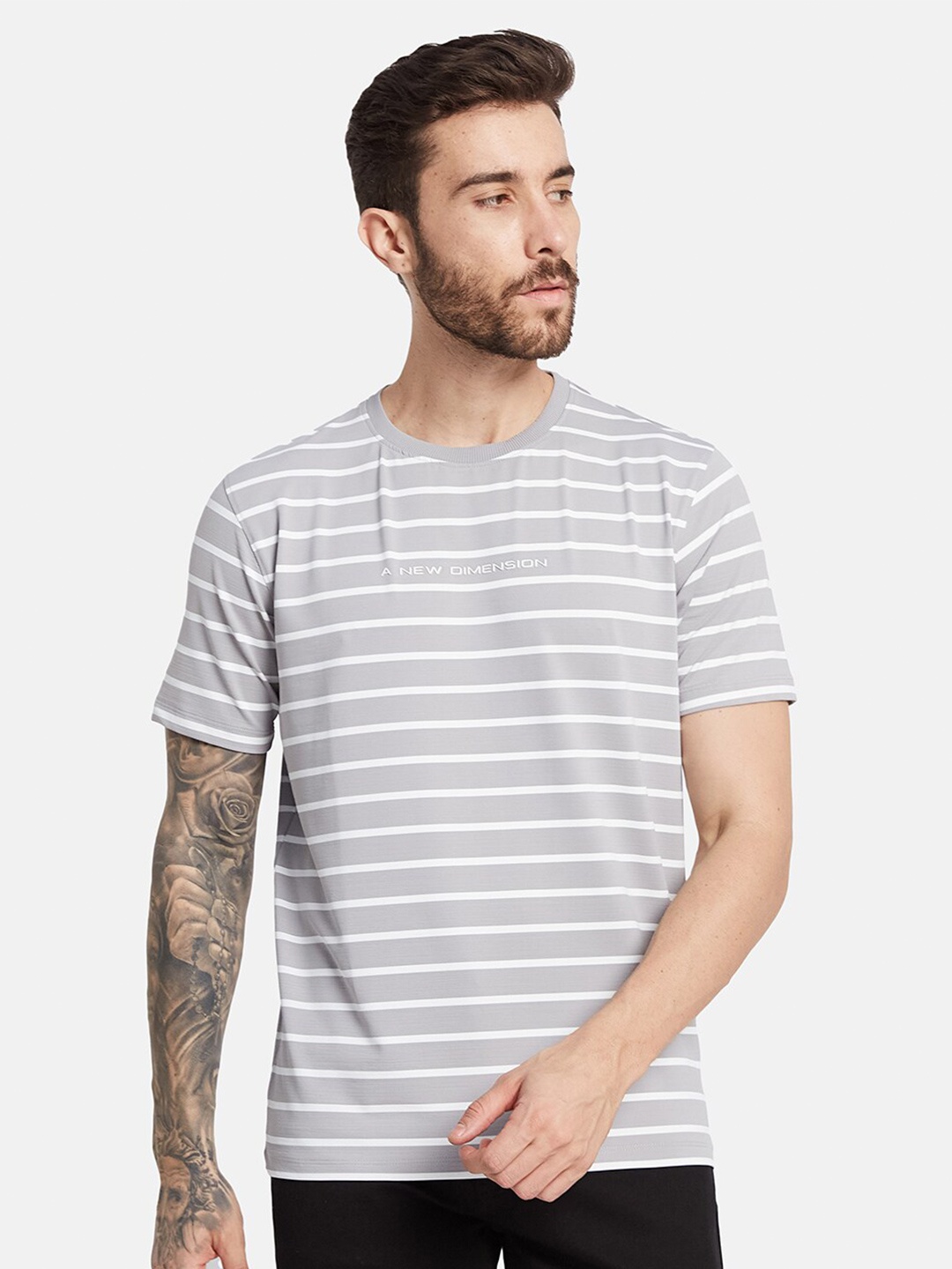 

Octave Striped Round Neck Cotton T-shirt, Grey