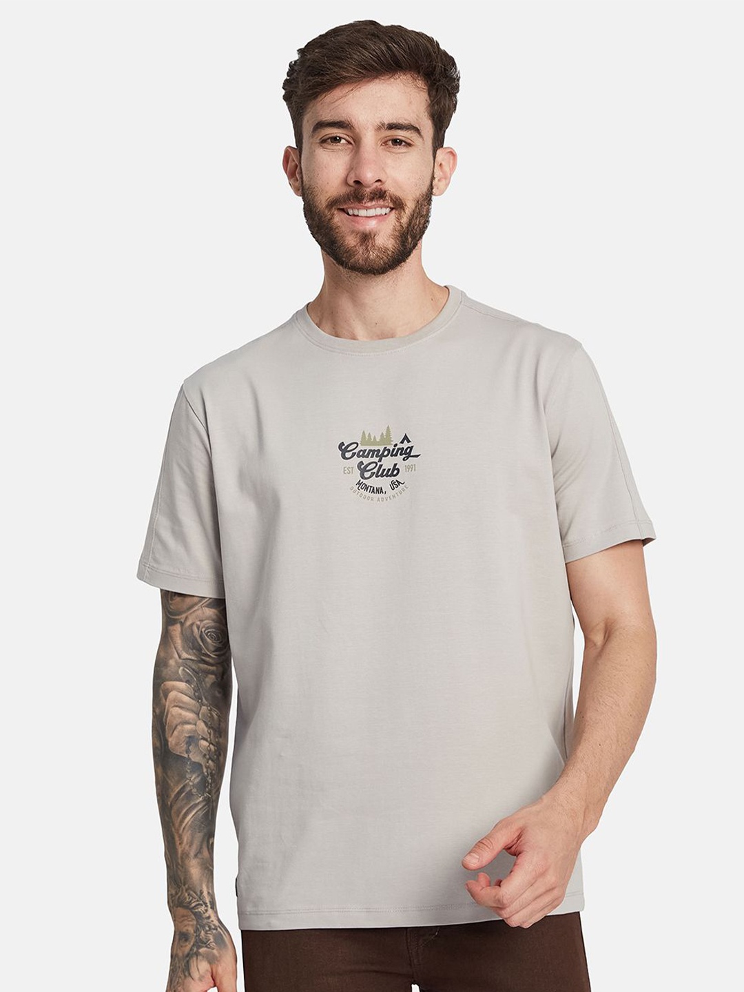 Octave Typography Printed Cotton T-shirt, Grey