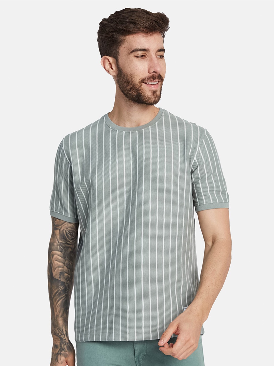 

Octave Round Neck Short Sleeves Striped Regular Fit Cotton T-shirt, Olive