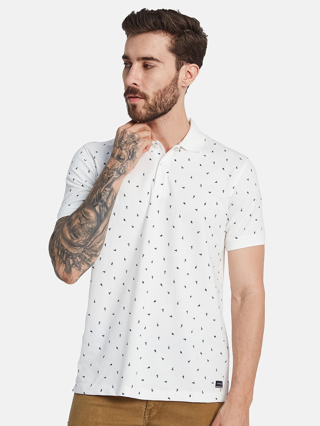 

Octave Micro Ditsy Printed Polo Collar Cotton T-shirt, White