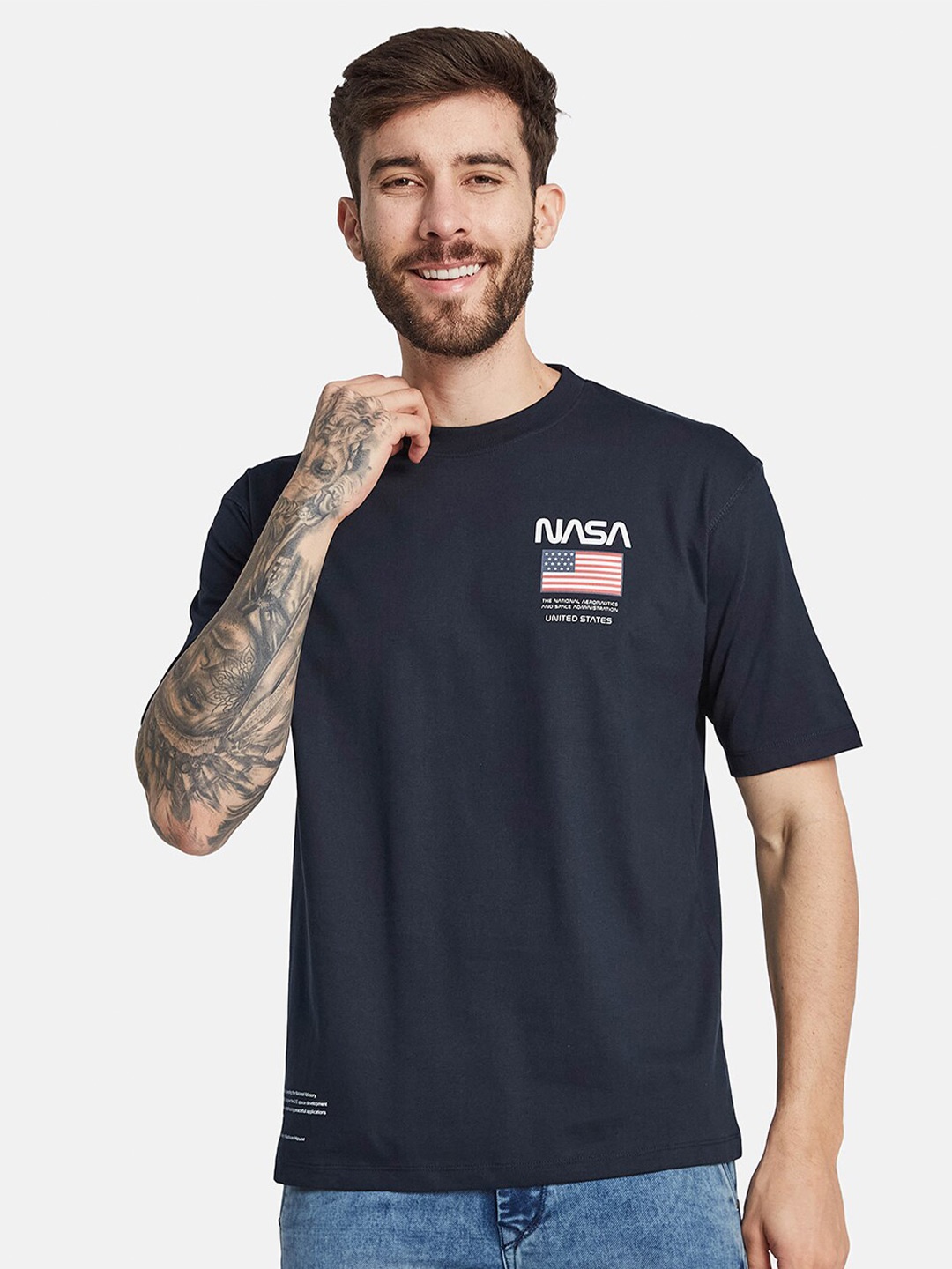 

Octave Round Neck Typography Cotton T-shirt, Navy blue