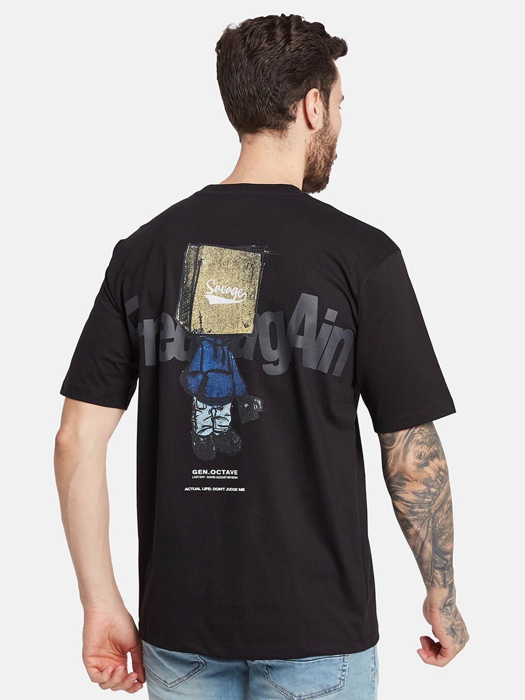 

Octave Graphic Printed Round Neck Cotton T-shirt, Black