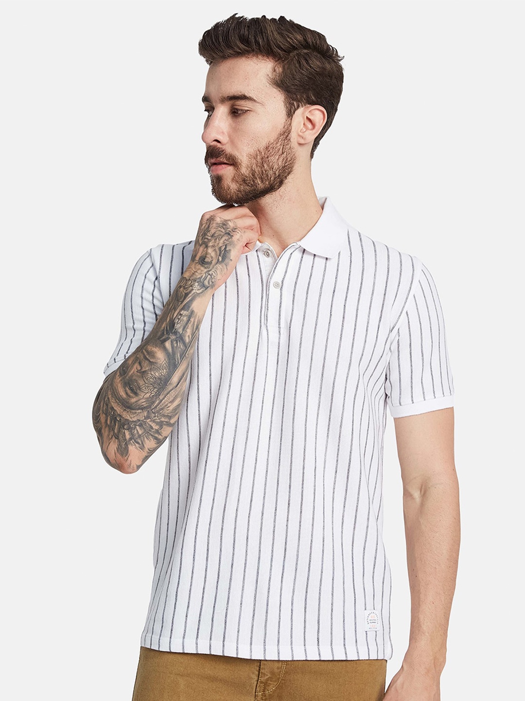 

Octave Striped Polo Collar Cotton T-shirt, White