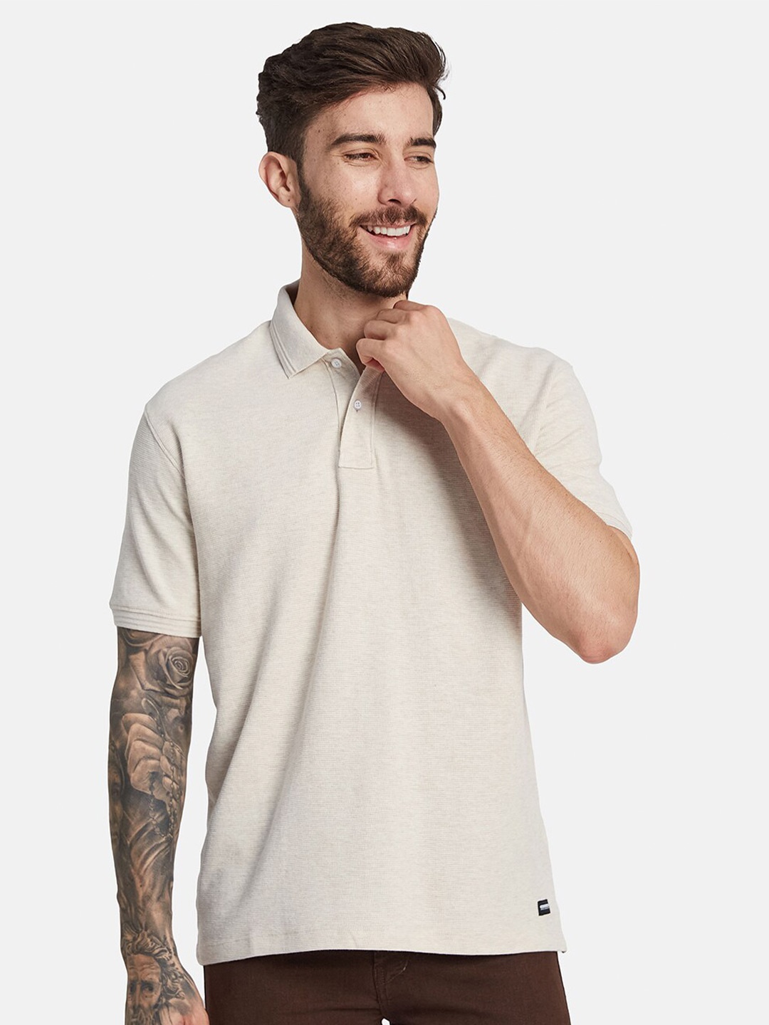 

Octave Polo Collar Short Sleeves Regular Fit Cotton T-shirt, Cream