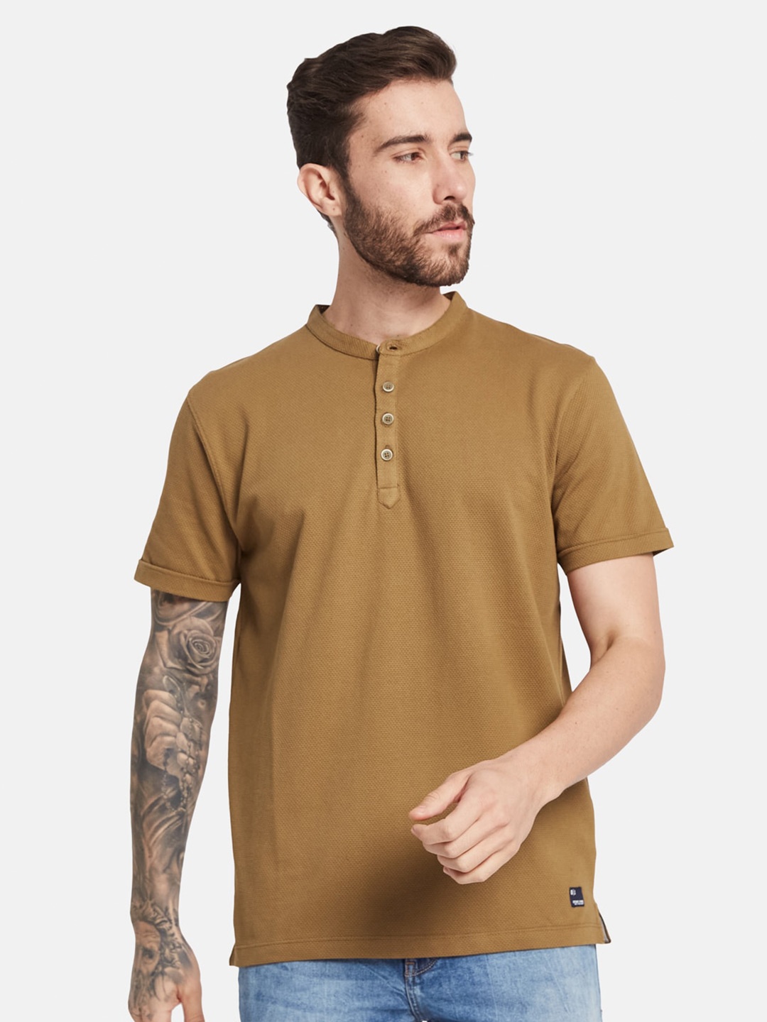 

Octave Henley Neck Cotton T-shirt, Brown