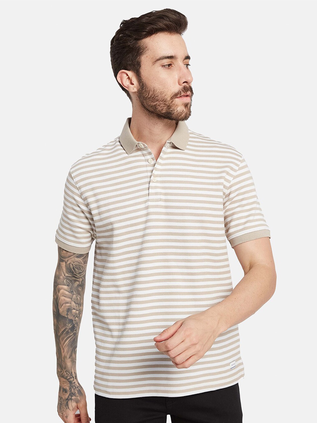 

Octave Striped Polo Collar Cotton T-shirt, Beige