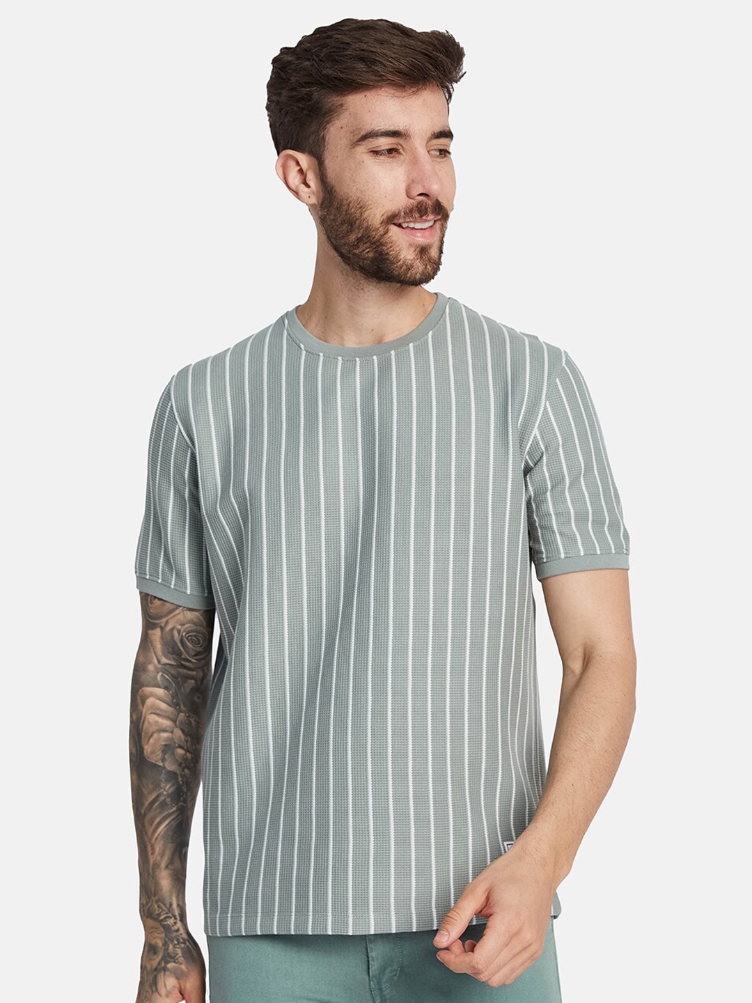

Octave Round Neck Striped Cotton T-shirt, Olive