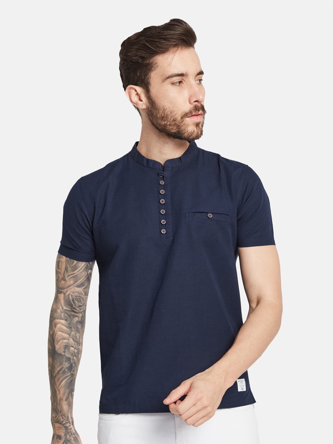 

Octave Henley Neck Pockets Cotton T-shirt, Navy blue