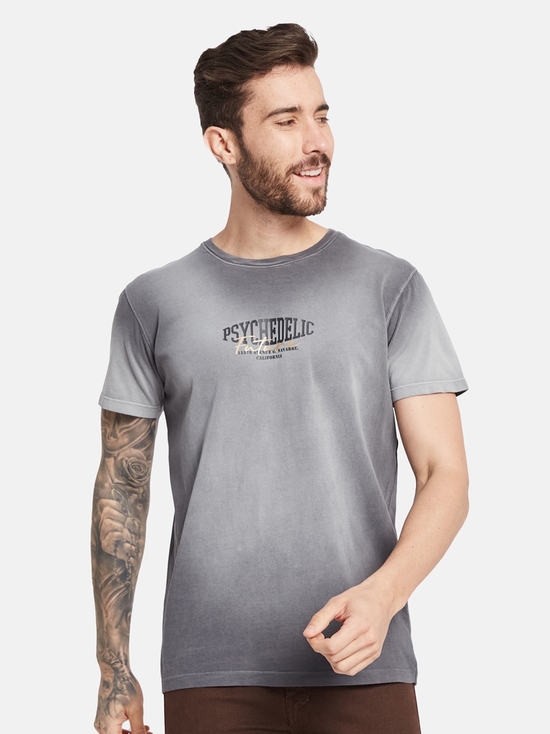 

Octave Typography Printed Round Neck Cotton T-shirt, Charcoal