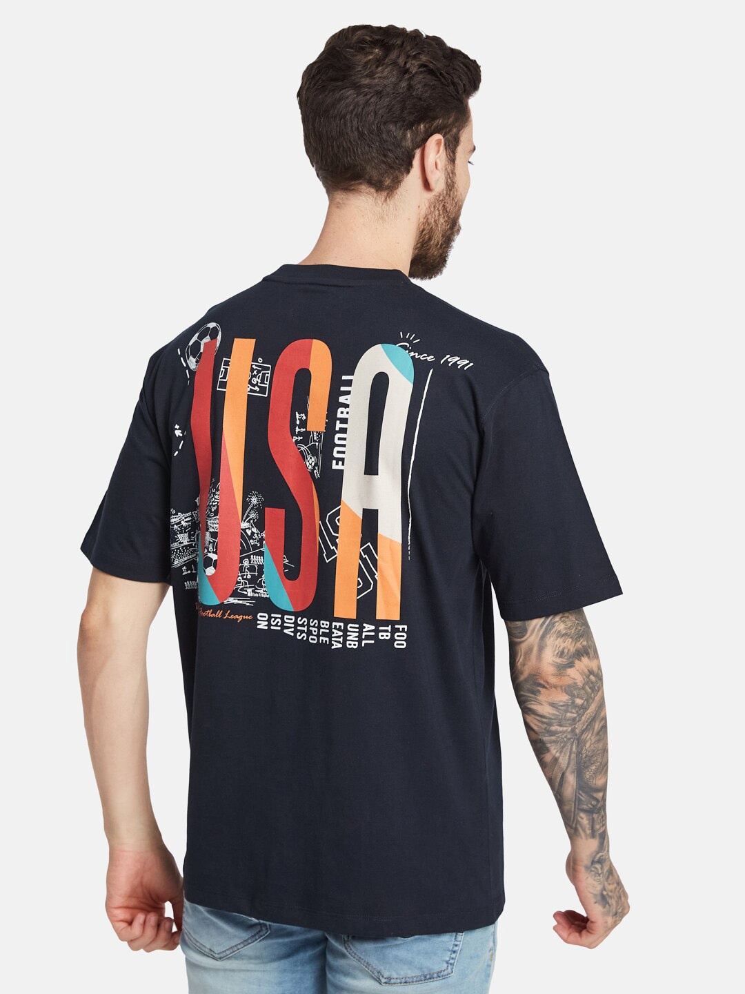 

Octave Typography Printed Round Neck Cotton T-shirt, Navy blue