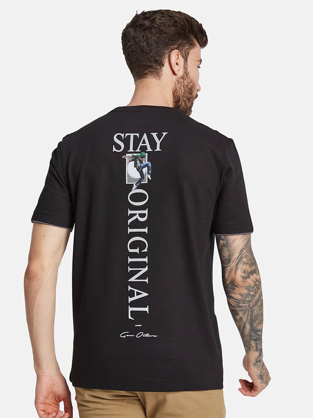 

Octave Round Neck Short Sleeves Typography Printed Regular Fit Cotton T-shirt, Black