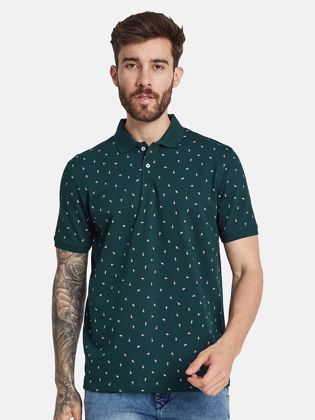 

Octave Floral Printed Polo Collar Cotton T-shirt, Green