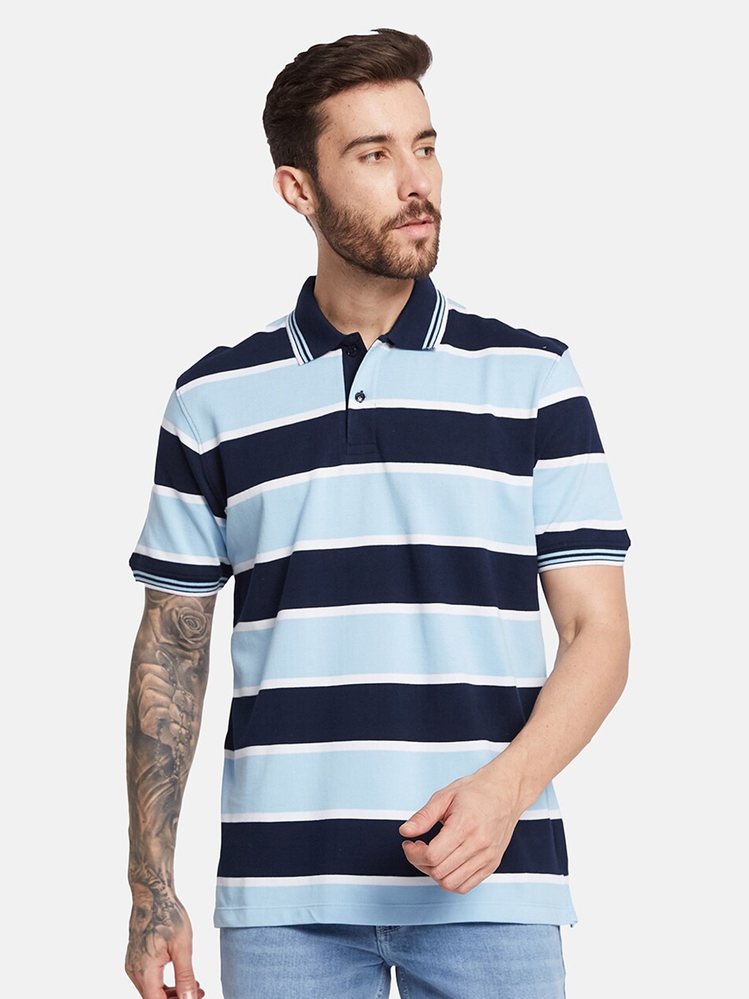 

Octave Horizontal Striped Polo Collar Cotton T-shirt, Blue