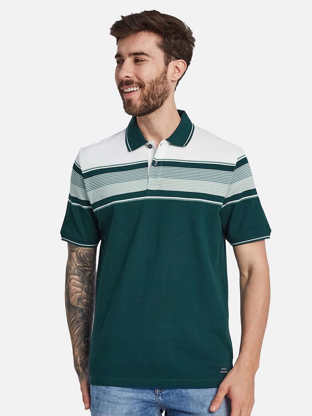 

Octave Striped Polo Collar Cotton T-shirt, Green