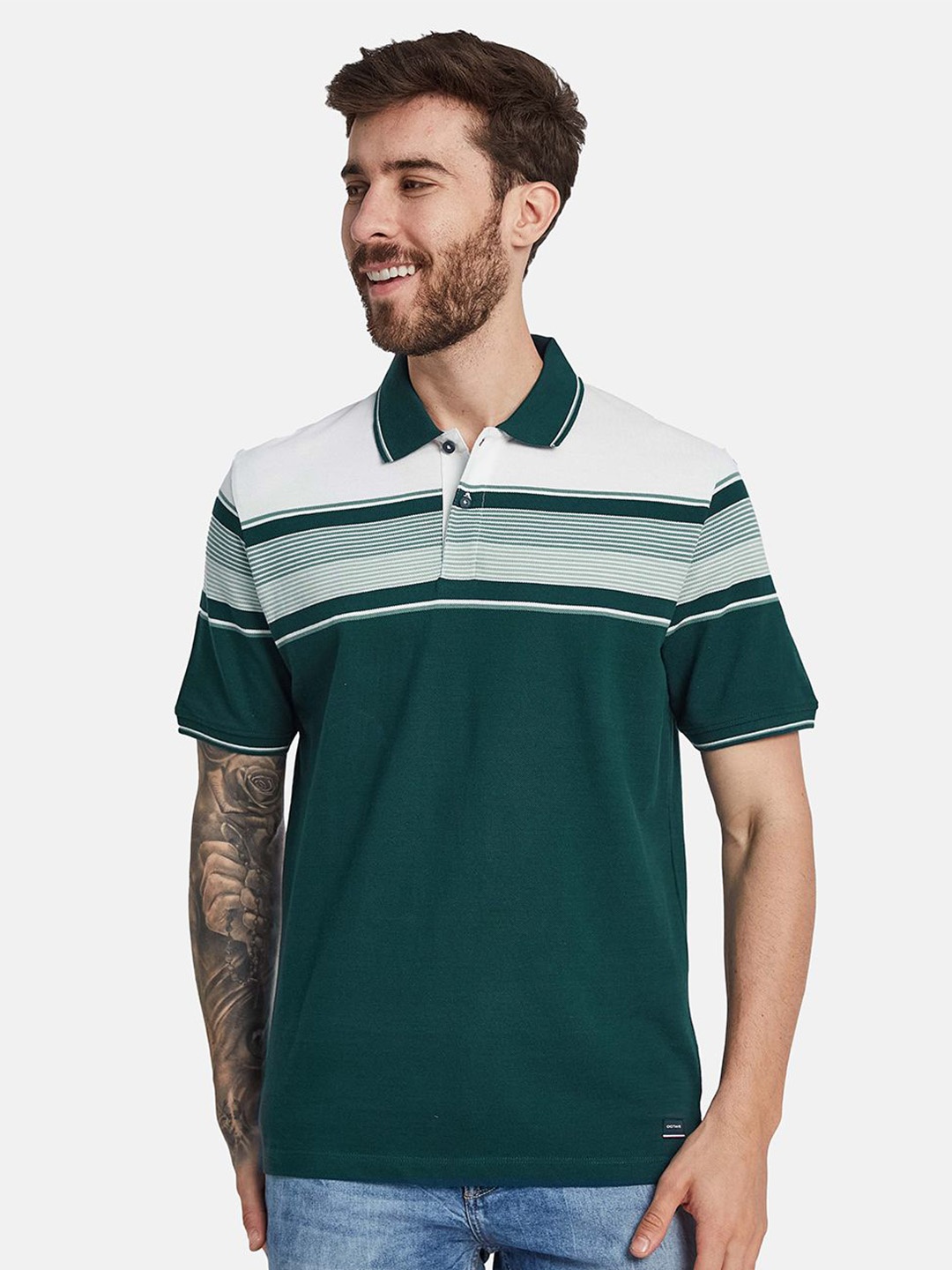 

Octave Striped Polo Collar Cotton T-shirt, Green