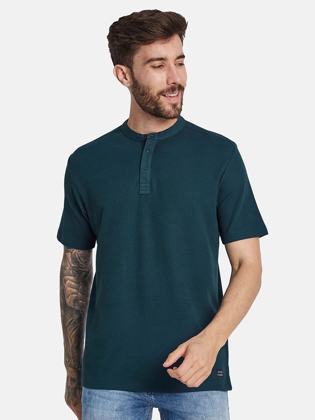 

Octave Mandarin Collar Cotton T-shirt, Green