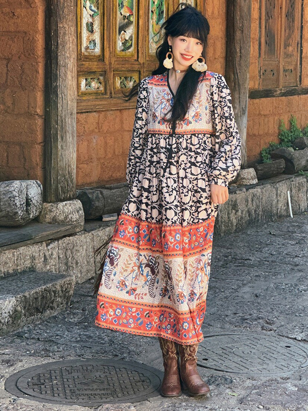 

JC Mode Ethnic Motifs Printed Tie-Up Neck Cotton Maxi Dress, Black