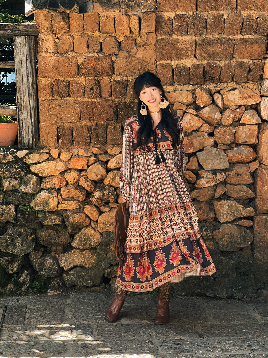 

JC Mode Ethnic Motifs Printed Cotton A-Line Dress, Black