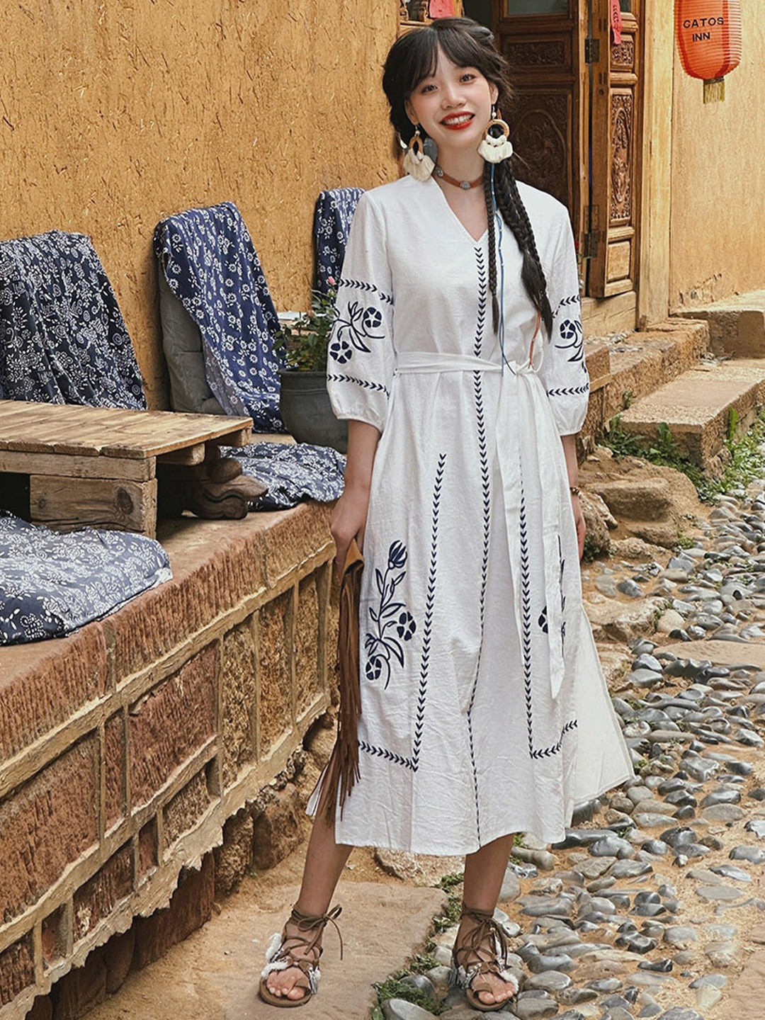 

JC Mode Floral Printed V-Neck Cuffed Sleeves Cotton Maxi Fit & Flare Dress, White