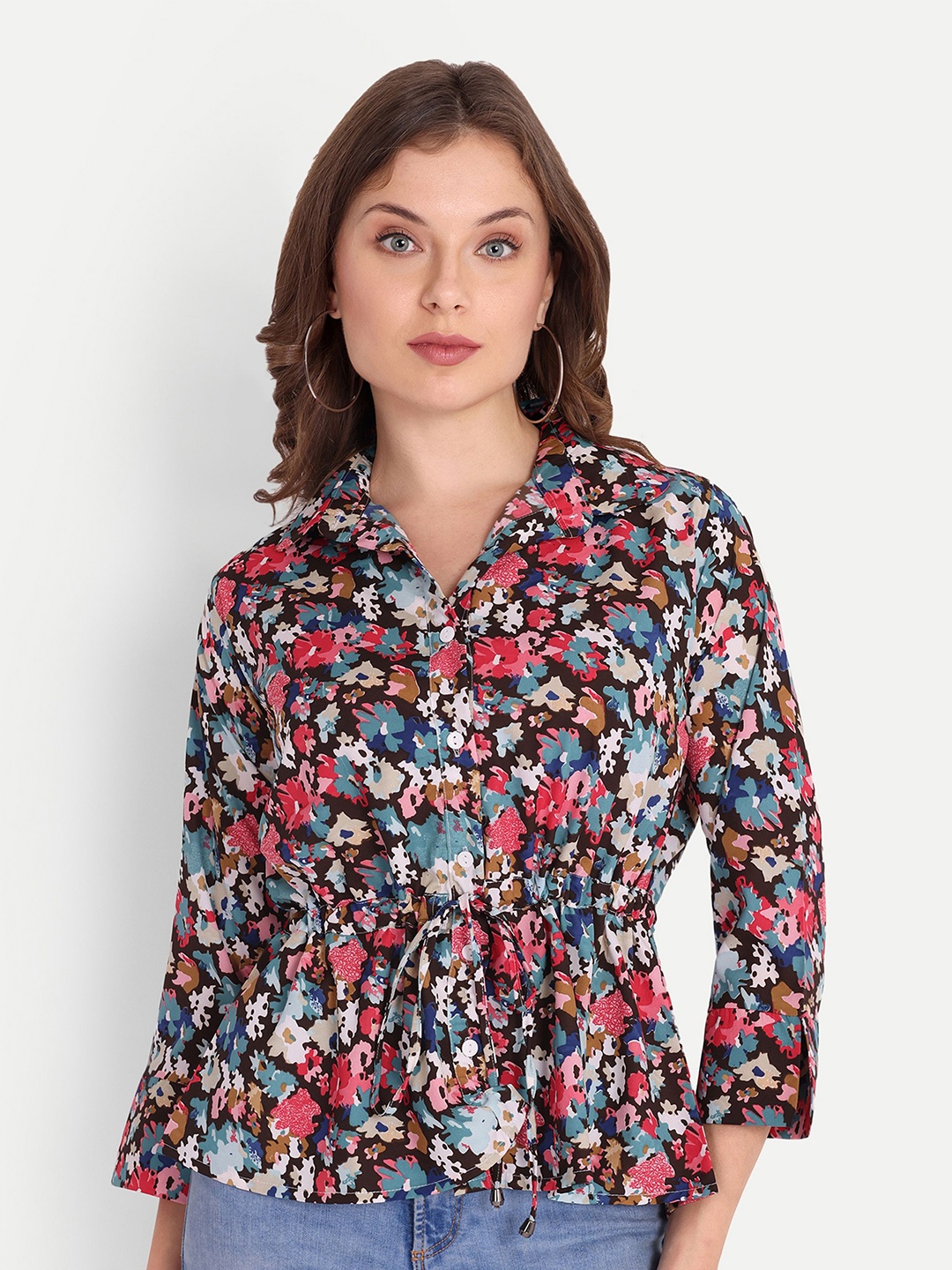 

FNOCKS Floral Printed Gathered or Pleated Organic Cotton Shirt Style Top, Brown