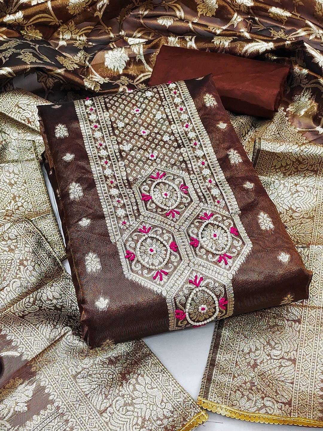 

MAHALASA Ethnic Motifs Embroidered Zari Unstitched Dress Material, Maroon