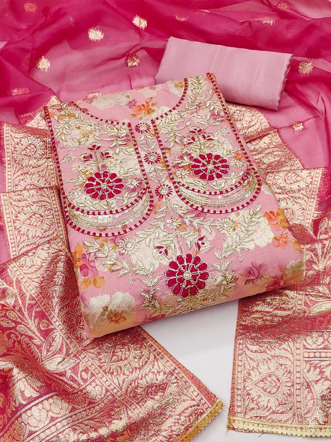 

MAHALASA Embroidered Unstitched Dress Material, Peach