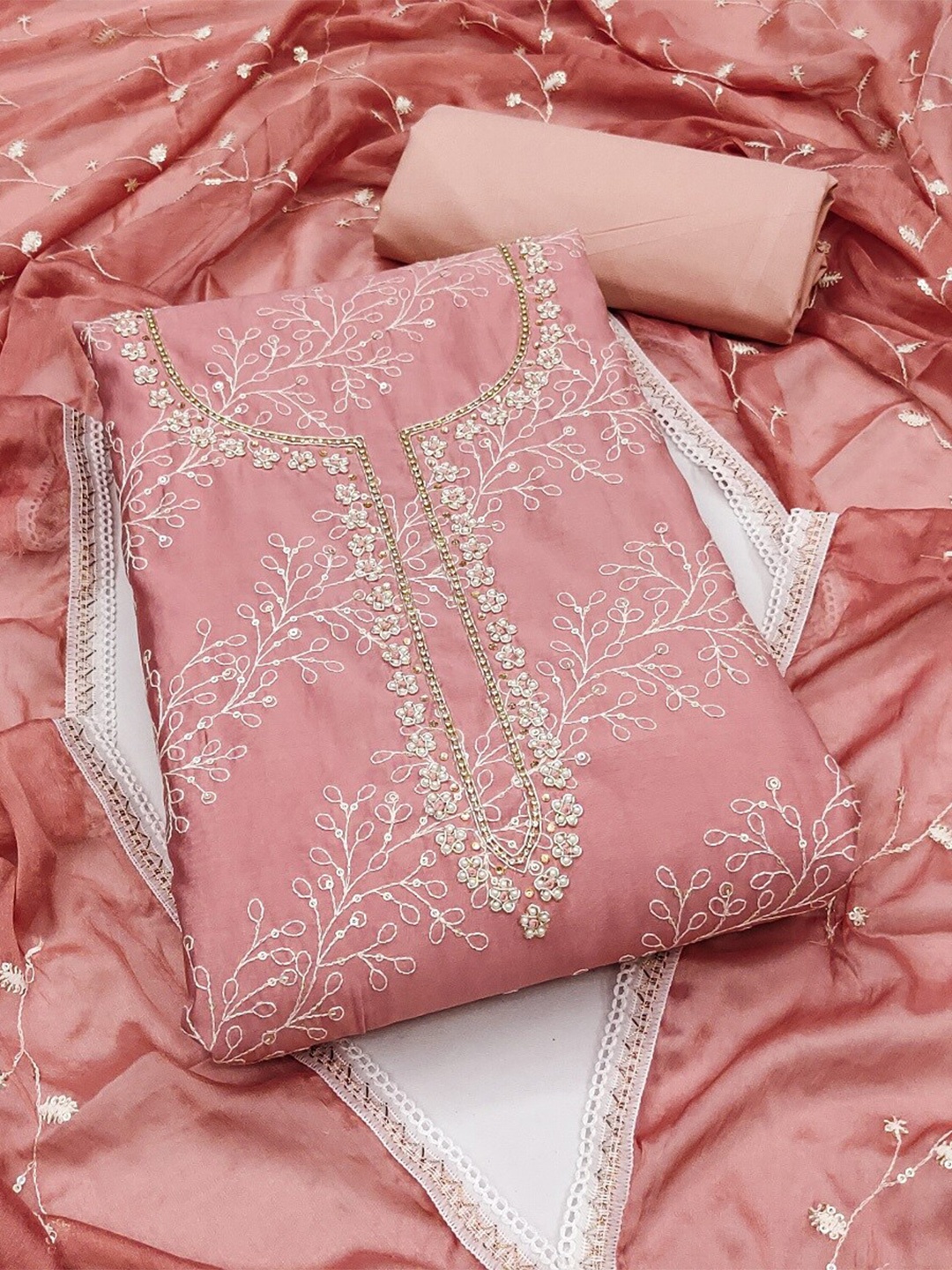

MAHALASA Embroidered Unstitched Dress Material, Peach