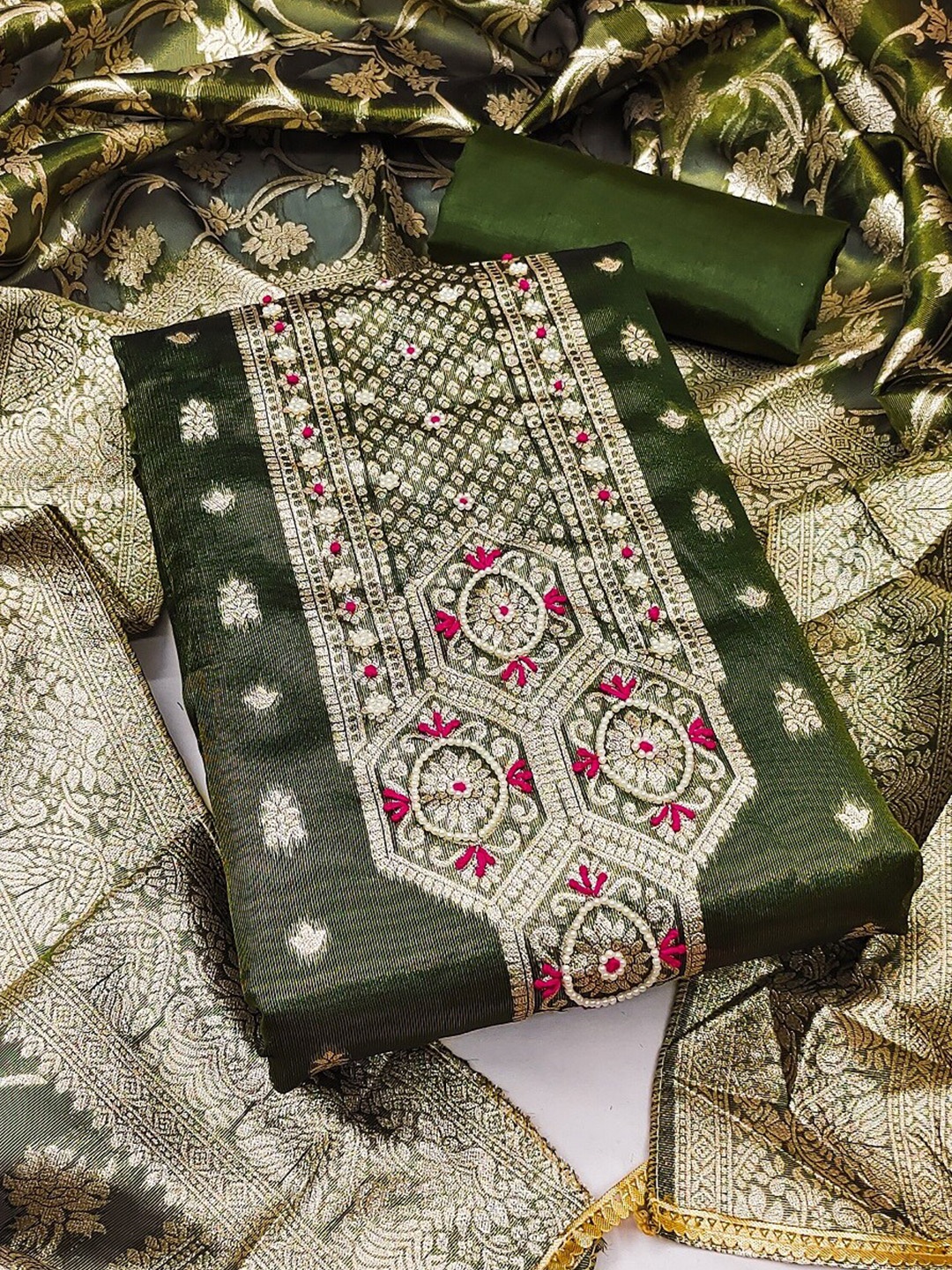 

MAHALASA Embroidered Unstitched Dress Material, Green