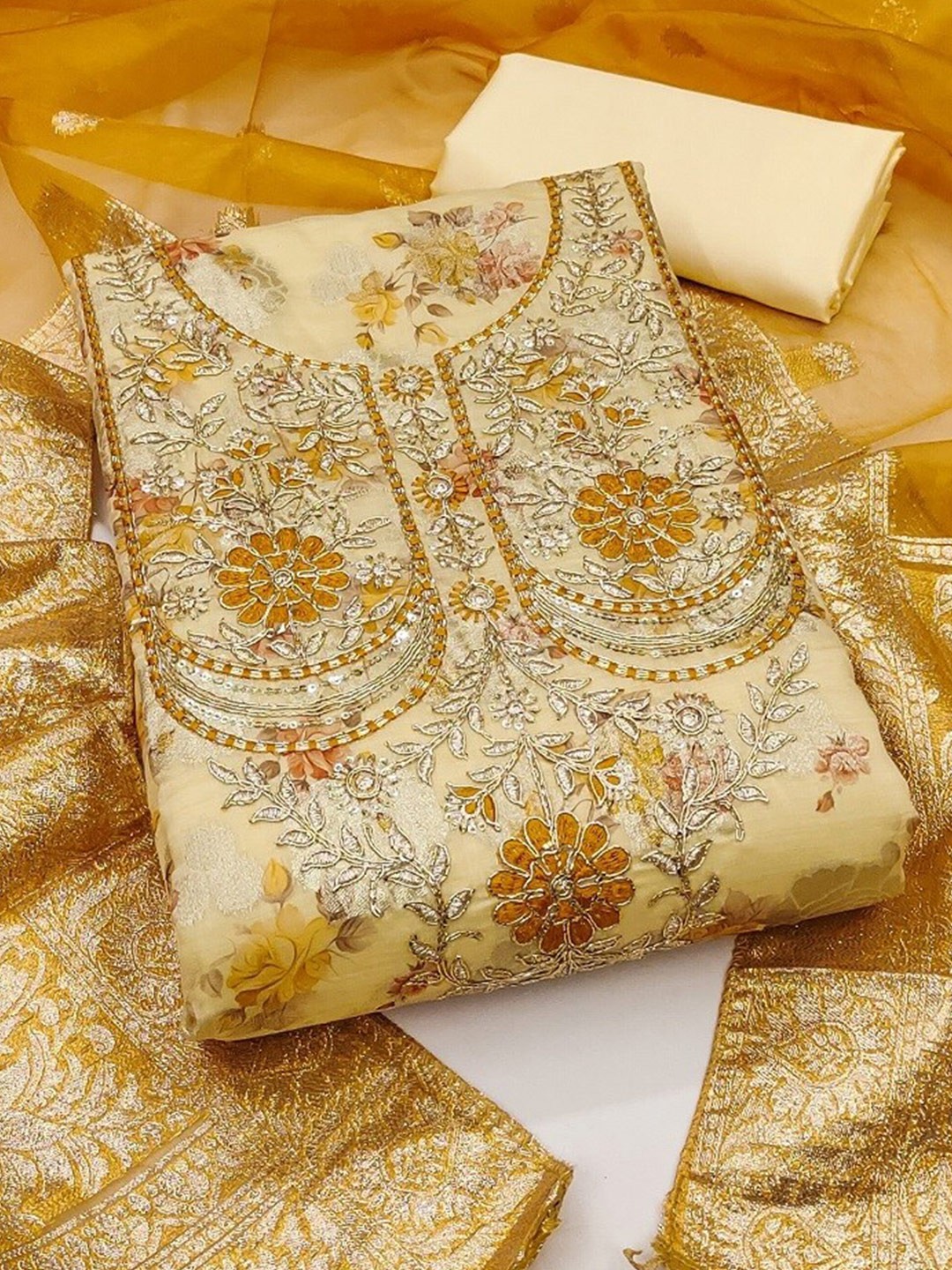 

MAHALASA Embroidered Unstitched Dress Material, Mustard