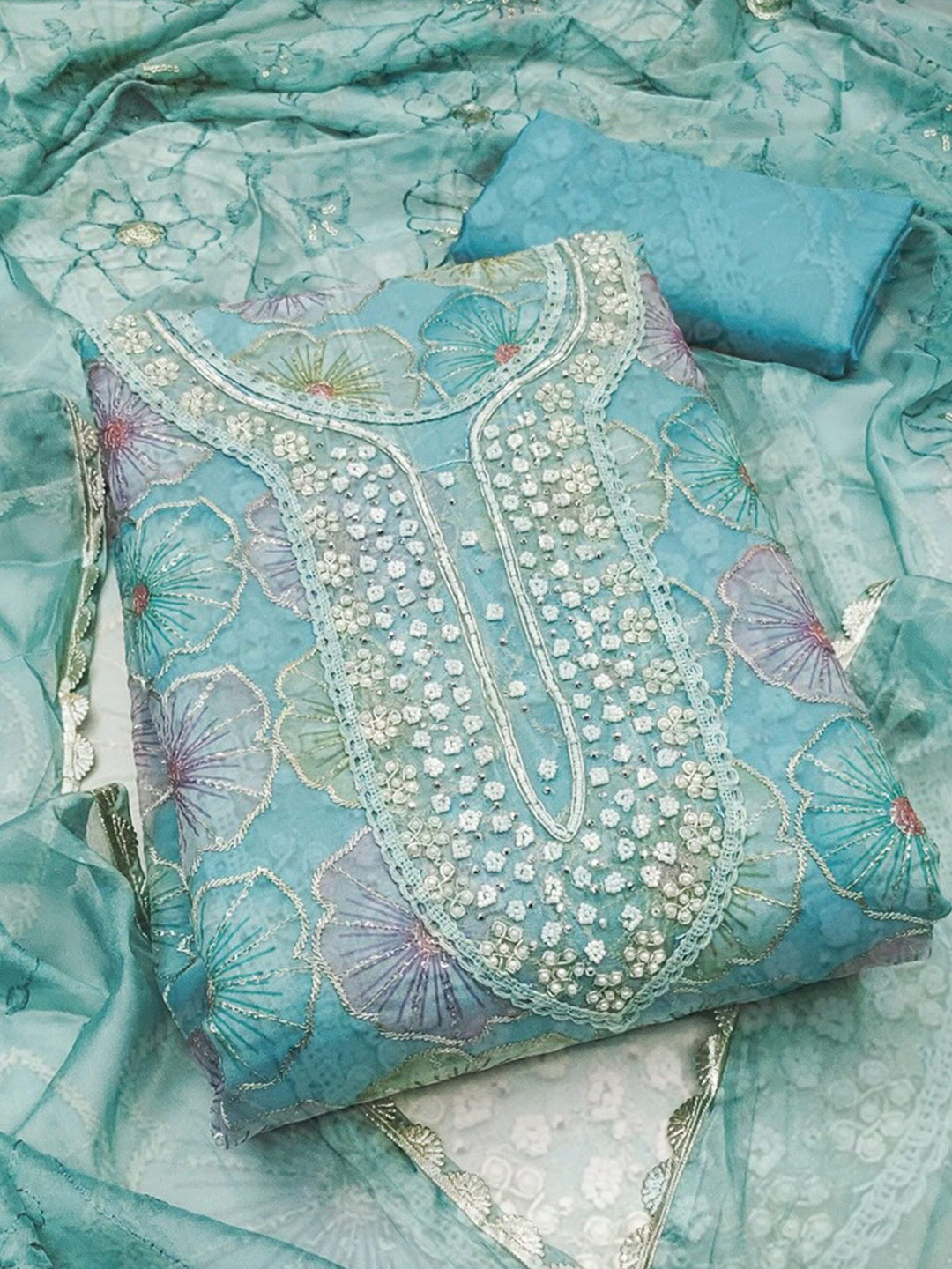 

MAHALASA Ethnic Motifs Embroidered Unstitched Dress Material, Blue