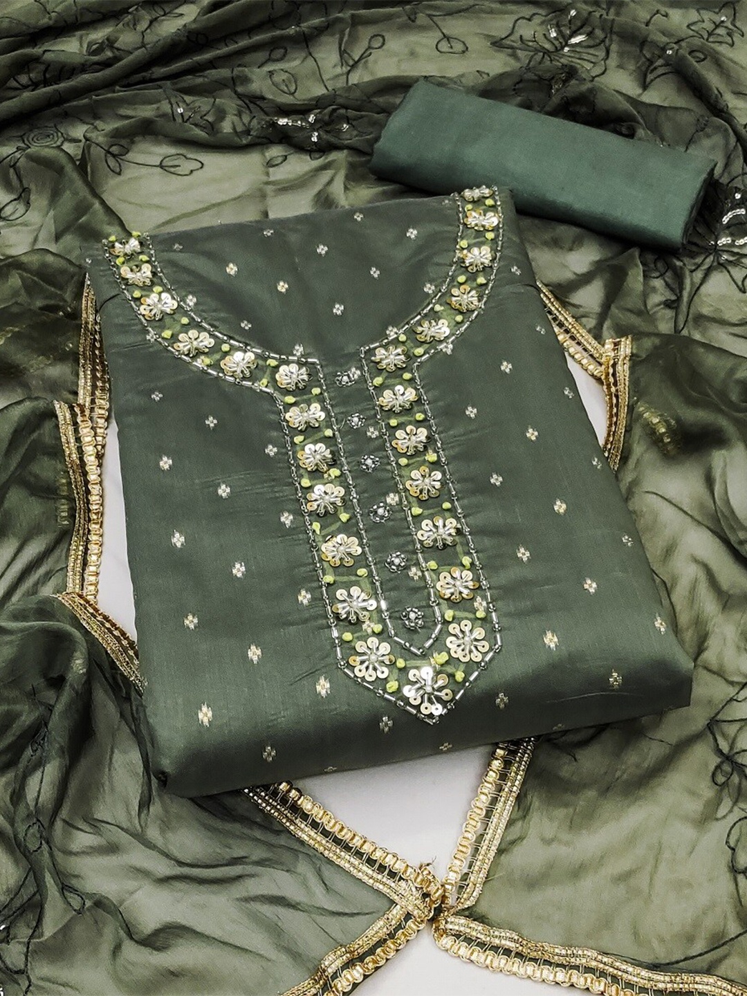 

MAHALASA Embroidered Unstitched Dress Material, Green