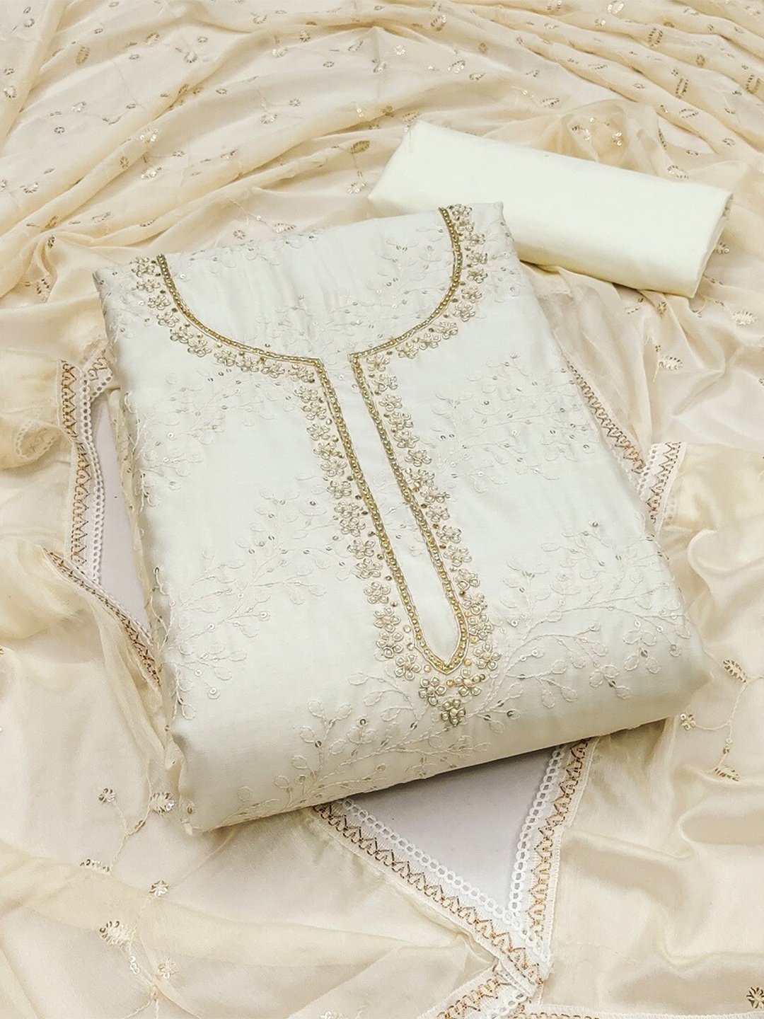 

MAHALASA Embroidered Unstitched Dress Material, White