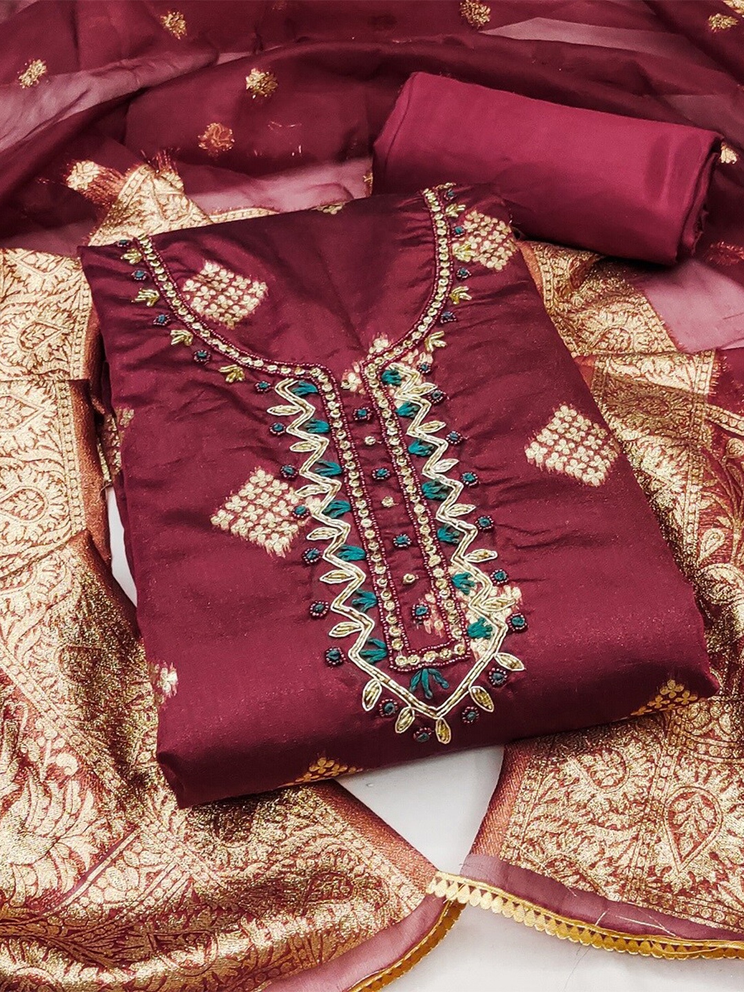 

MAHALASA Embroidered Unstitched Dress Material, Maroon